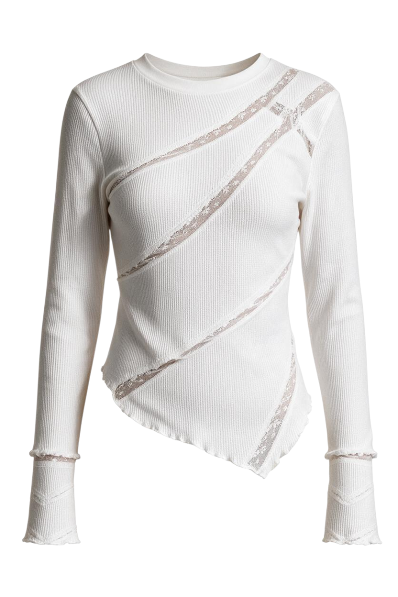 Trestles Clothing Company white waffle knit long sleeve top with diagonal lace panels and a pointed lettuce edge hem.
